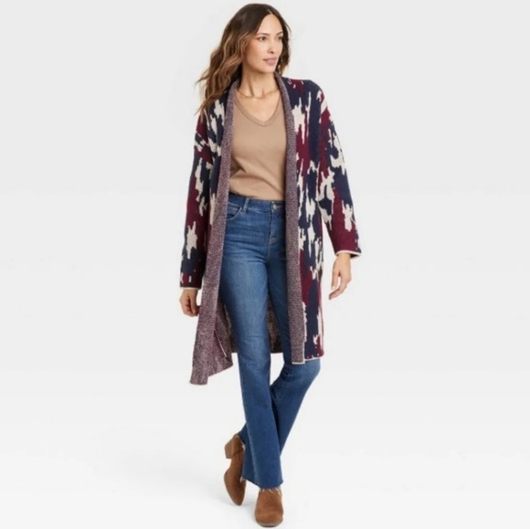 Knox Rose Sweaters - Knox Rose Women’s Navy Blue Long Sleeve Jacquard Knit Open-Front Cardigan - NWT